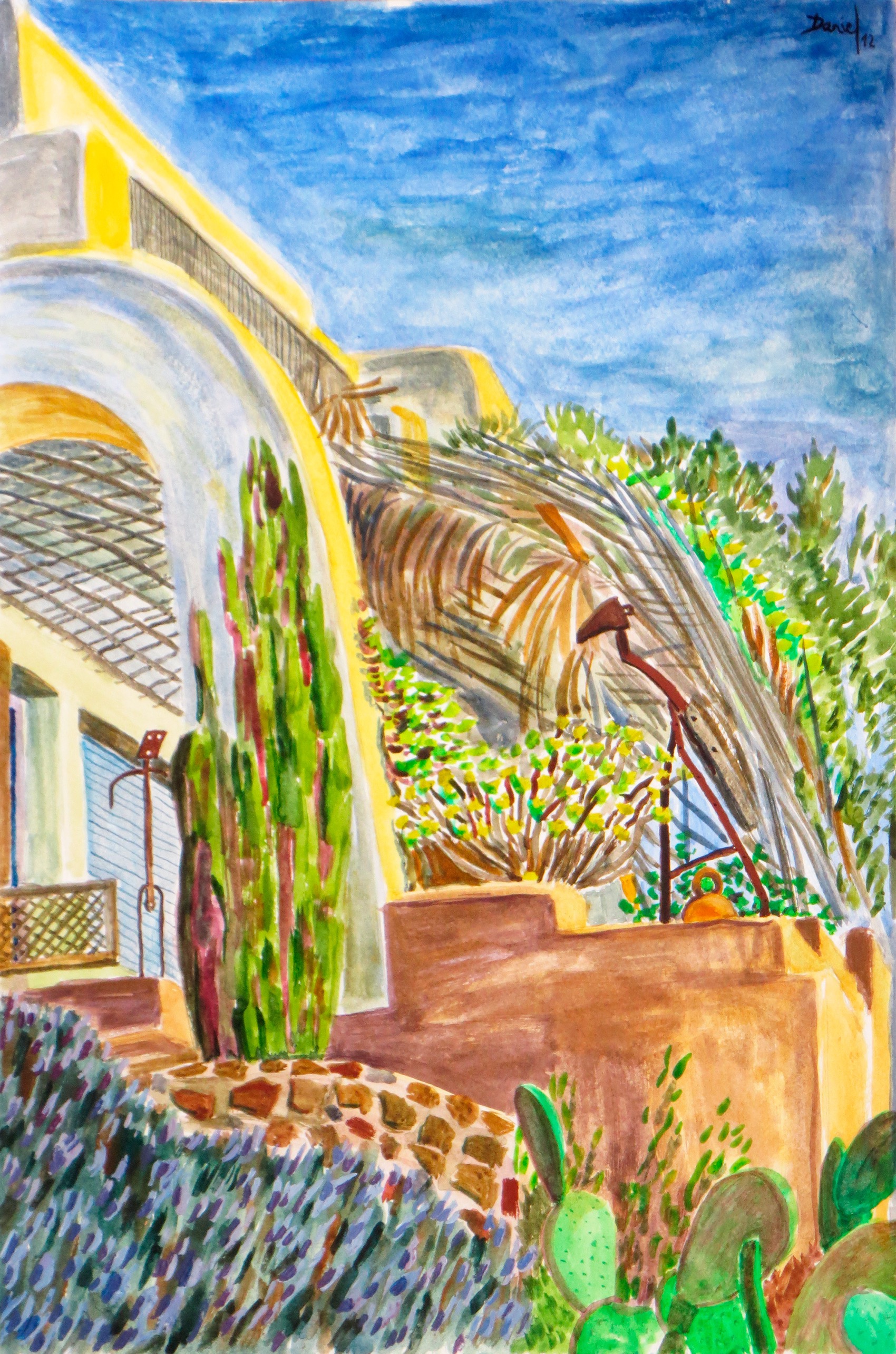 Entrada con ciprés y figuras