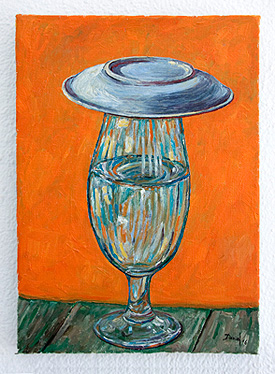 Still life with glass of water covered with dish