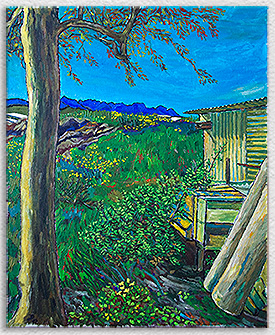 Landscape with stall and two trunks